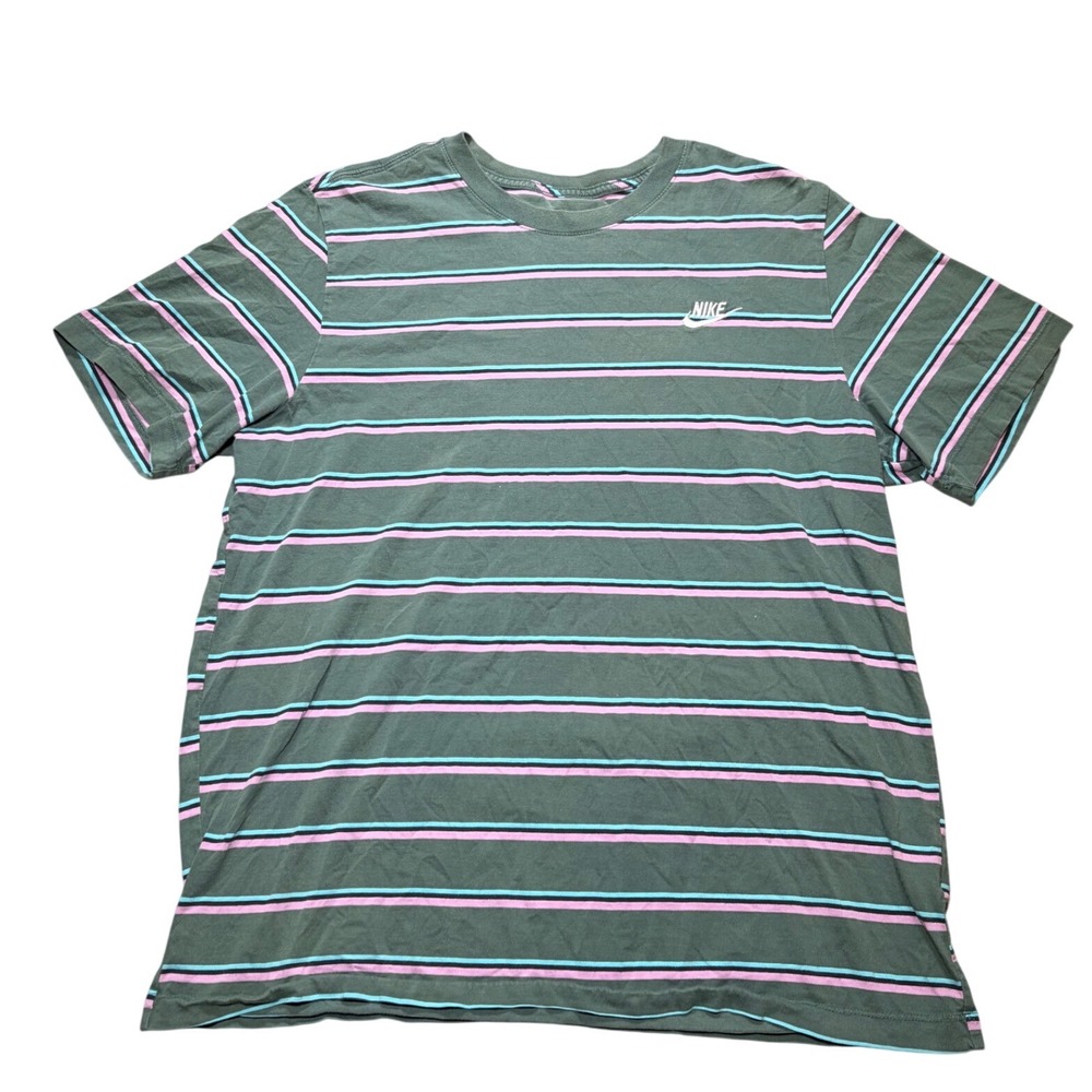 Nike Mens Striped Short Sleeve T-Shirt Green Pink Blue XL Tall Embroidered Logo